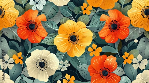 Wallpaper Mural vector, illustration, Seamless floral pattern. Beautiful blossomed print, texture with flowers, branches and leaves. Botanical background for fabric, wallpaper, wrapping paper design. Colored flat vec Torontodigital.ca