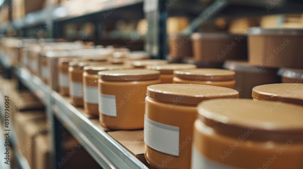 Neatly organized shelves filled with brown containers in a warehouse, showcasing efficient storage and inventory management. Neatly organized shelves filled with brown containers in a warehouse, showcasing efficient storage and inventory management.