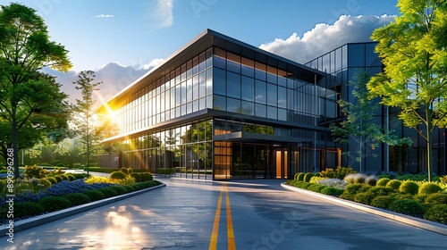 Modern office building exterior, glass facade reflecting bright sunlight, sunlit tree-lined entrance, wide driveway with road markings, welcoming lobby entrance with warm lighting.