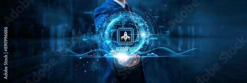 Tablou pe pânză Aerospace: Businessman holds aerospace technology on global structure network and satellite communications, navigation systems, advanced propulsion, flight simulation