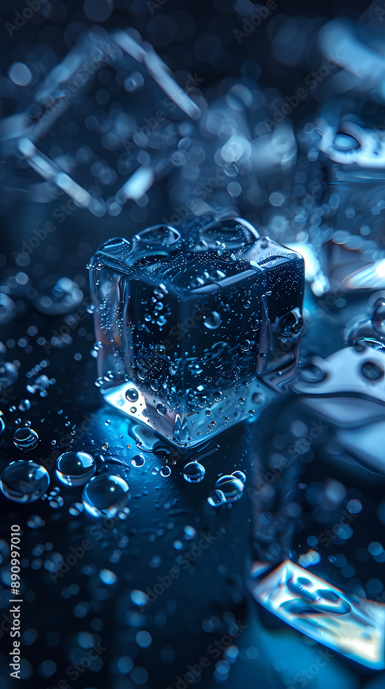 Extreme close up view of blue ice cubes with water drops Extreme close up view of blue ice cubes with water drops