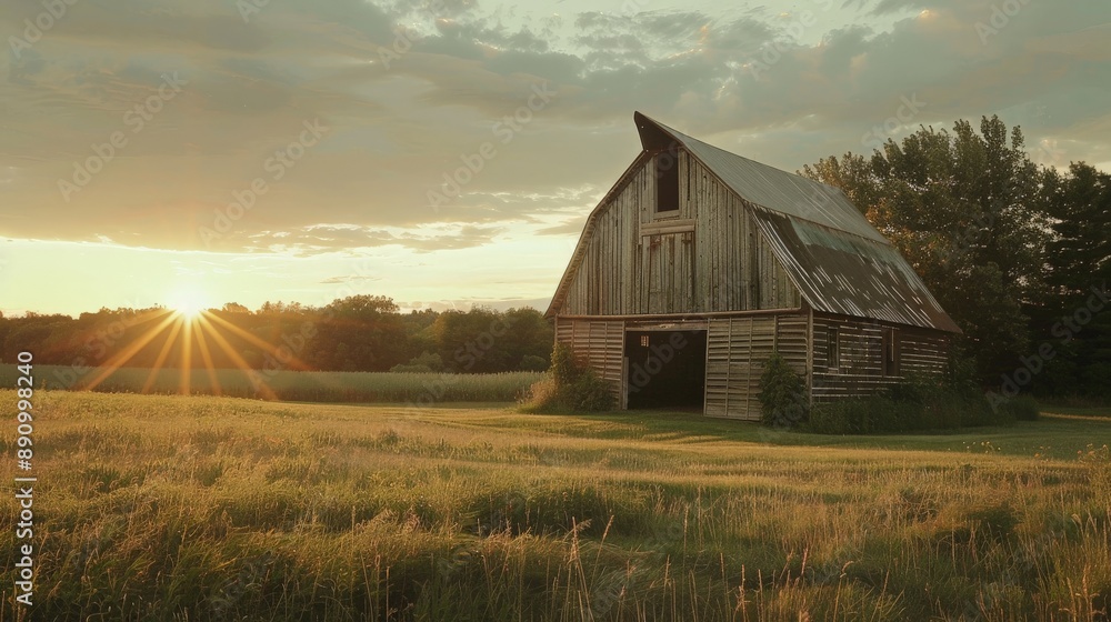 Rustic barn in a field at sunset, with the light streaming through wooden slats Rustic barn in a field at sunset, with the light streaming through wooden slats