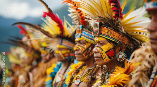 Indigenous people wearing elaborate traditional headdresses and colorful attire, participating in a cultural event outdoors.