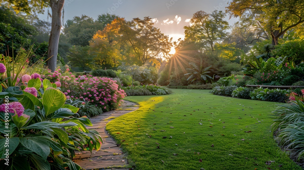 Fototapeta premium Vibrant botanical garden, lush colorful foliage, bright pink hydrangeas, ornamental grasses, large-leafed tropical plants, dappled sunlight through trees, stone pathway.