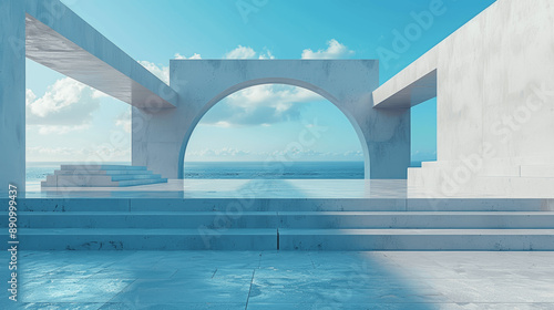 Minimalist White Concrete Platform with Blue Sky in Symmetrical Layout