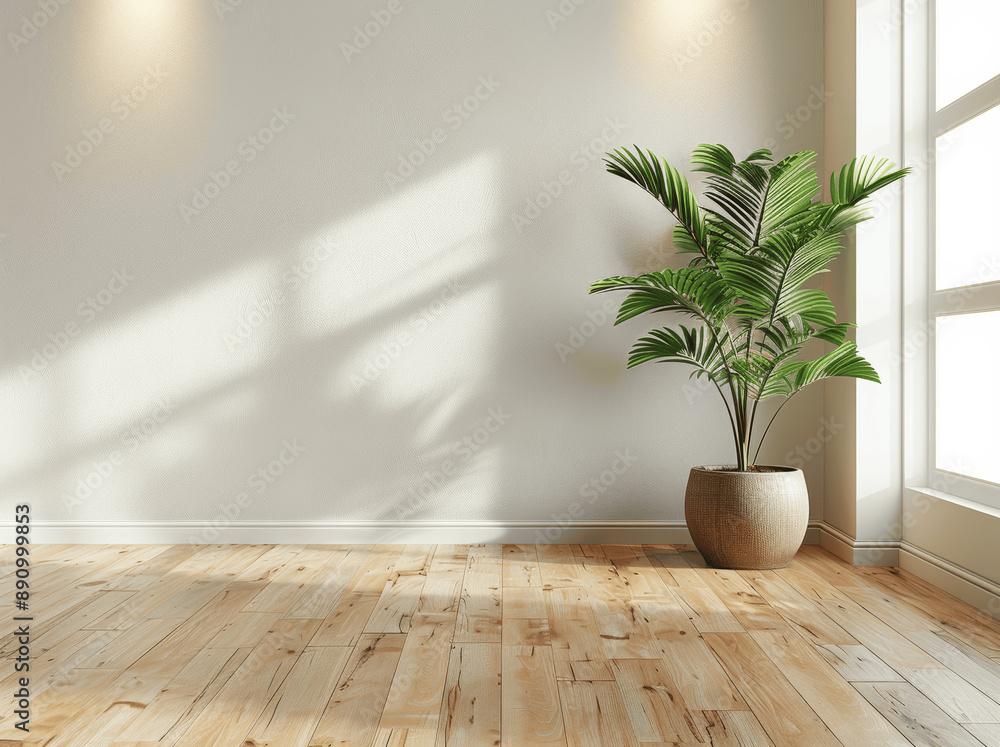 Modern Interior Design: Empty Room with Wooden Floor, Concrete Wall, and Plant in Bright Lighting Modern Interior Design: Empty Room with Wooden Floor, Concrete Wall, and Plant in Bright Lighting