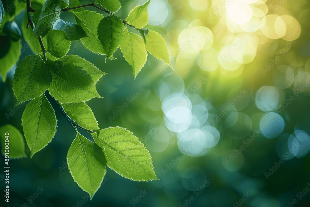 Bright sunlight through green leaves with bokeh and blurred natural background in spring or summer forest Bright sunlight through green leaves with bokeh and blurred natural background in spring or summer forest