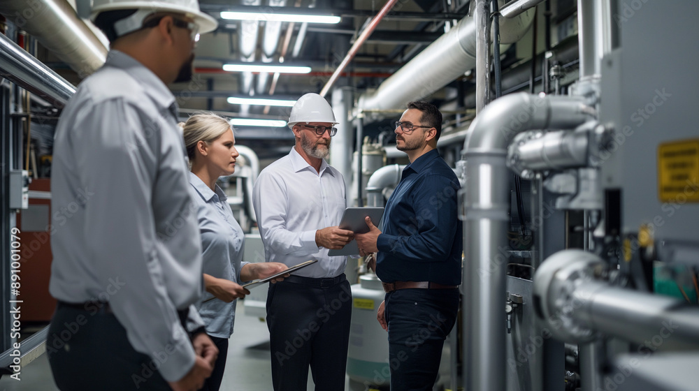 team meeting in a chiller plant discussing system optimization strategies team meeting in a chiller plant discussing system optimization strategies