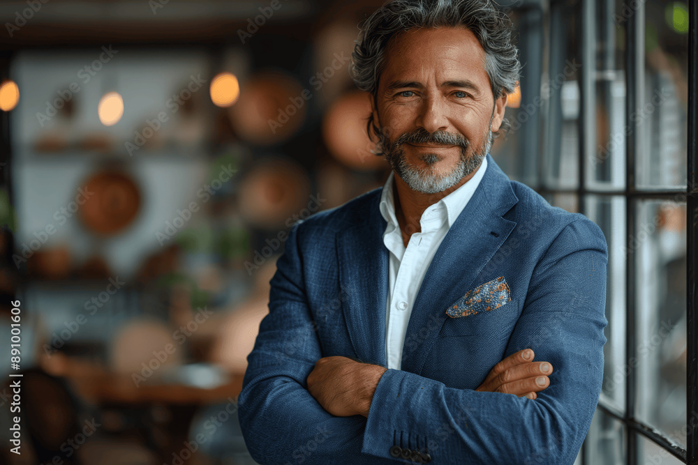 Elegant middle-aged businessman in blue suit with arms crossed smiling in modern office Elegant middle-aged businessman in blue suit with arms crossed smiling in modern office