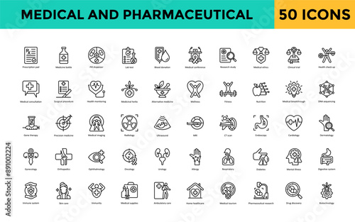 Medical and Pharmaceutical icon set with prescription pad, medicine bottle, pill dispenser, lab test, blood donation, medical conference, research study, medical ethics icon. Simple line vector 
