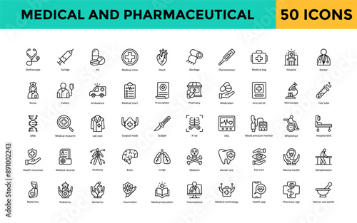 Medical and Pharmaceutical icon set with stethoscope, syringe, pill, medical cross, heart, bandage, thermometer, medical bag, hospital, doctor   icon. Simple line vector 
