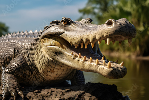 Close-up View of a Large Crocodile Basking in the Sun on a River Bank, with Dense Mangroves in the Background