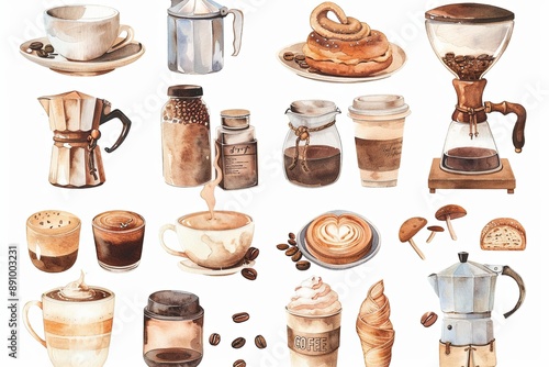 A collection of coffee and pastry items, including a coffee maker, a cup