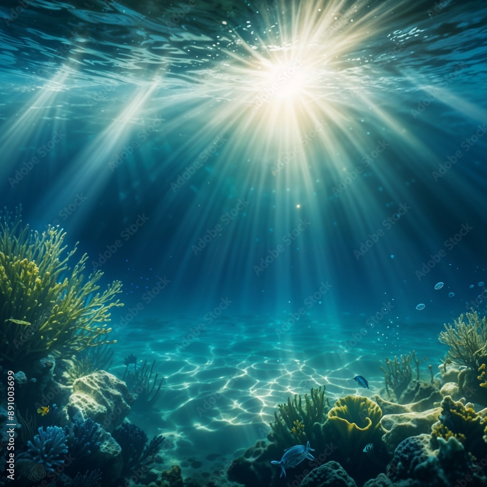 Fototapeta premium Underwater scene with sunlight beams shining through the clear blue-green water, creating a serene and tranquil atmosphere