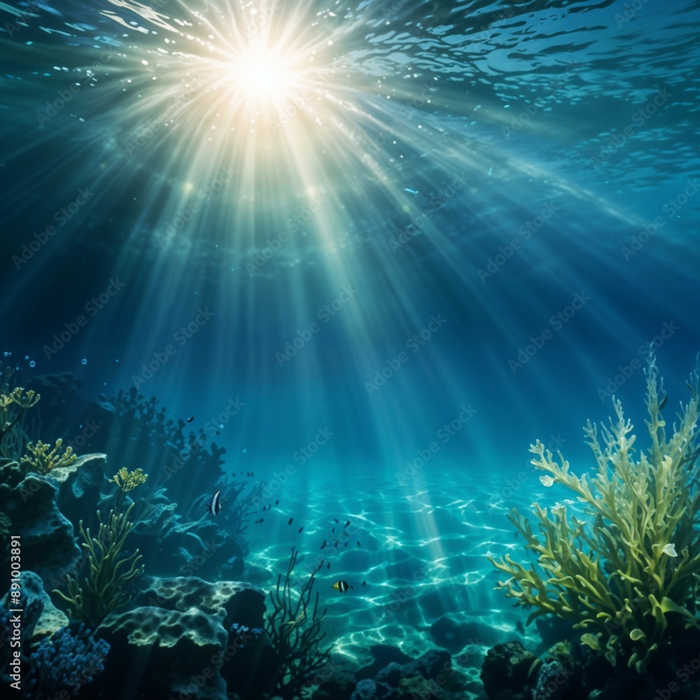 Fototapeta premium Underwater scene with sunlight beams shining through the clear blue-green water, creating a serene and tranquil atmosphere