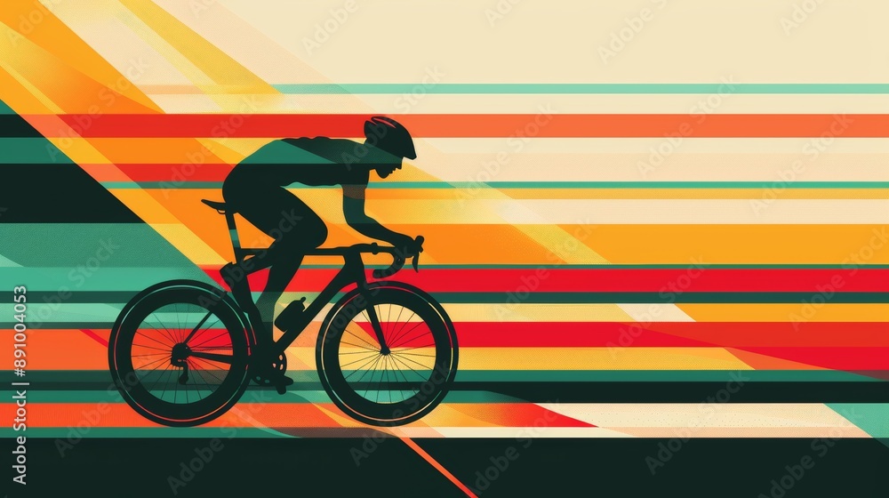 Fototapeta premium A cyclist in motion, surrounded by a geometric heart pattern, sharp lines, and vivid colors