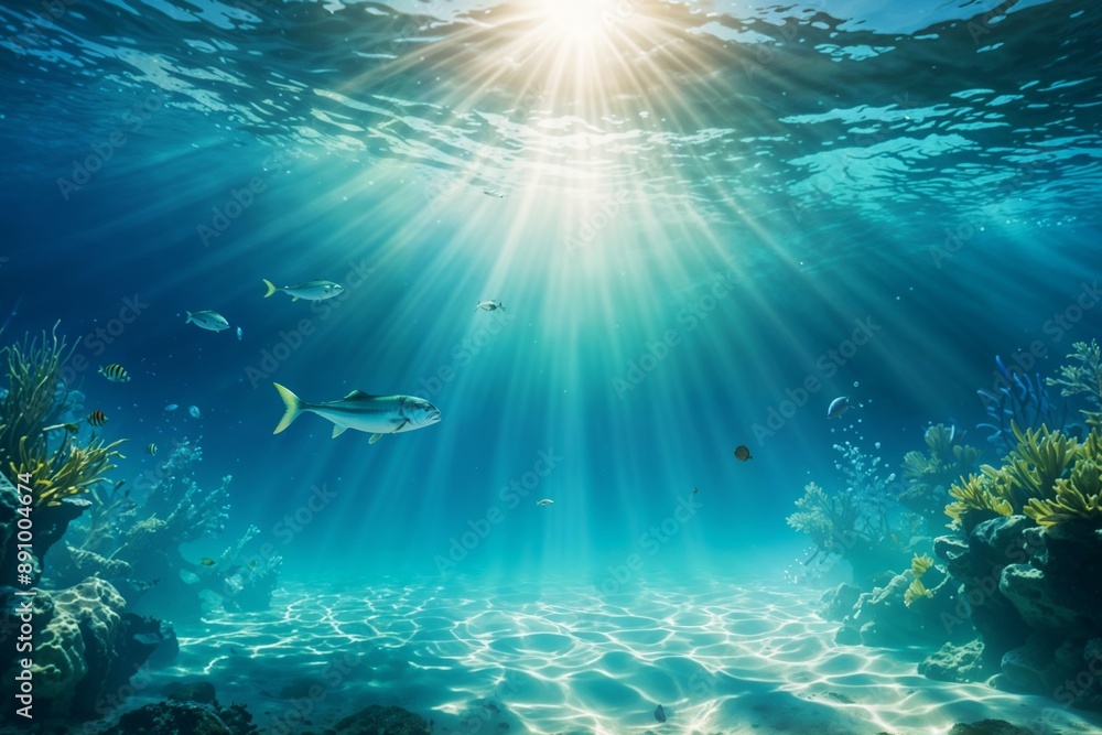 Naklejka premium Underwater scene with sunlight beams shining through the clear blue-green water, creating a serene and tranquil atmosphere