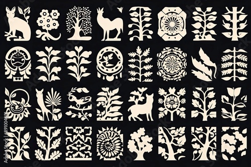 Block Print Woodblock pattern, design, seamless, vintage, illustration, art, decoration, texture, wallpaper, frame, black, set, silhouette, animal, border, ornament, woodcut 