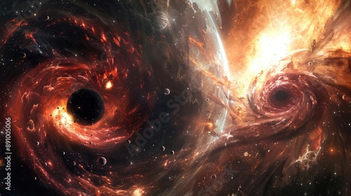 Cosmic colossi of gravity and antimatter, locked in an eternal struggle amidst the swirling chaos of a black hole and a supernova's explosion.