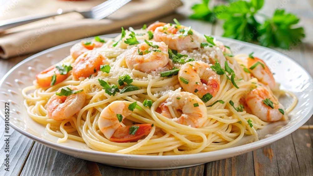 Close-up of a plate of spaghetti with creamy garlic shrimp, garnished with freshly chopped parsley and grated parmesan, placed on a white ceramic plate. Close-up of a plate of spaghetti with creamy garlic shrimp, garnished with freshly chopped parsley and grated parmesan, placed on a white ceramic plate.