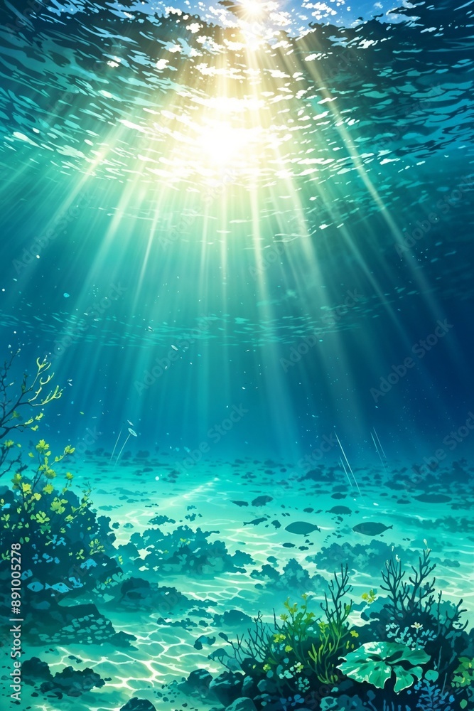 Fototapeta premium Underwater scene with sunlight beams shining through the clear blue-green water, creating a serene and tranquil atmosphere