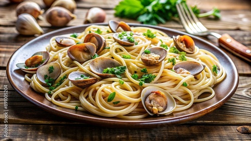 Close-up of a plate of spaghetti with clam sauce (spaghetti alle vongole), garnished with fresh parsley and a drizzle of olive oil, served on a rustic wooden table. photo