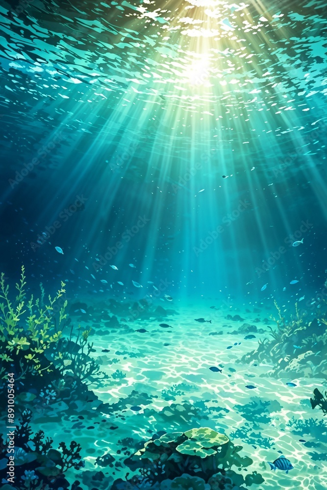 Fototapeta premium Underwater scene with sunlight beams shining through the clear blue-green water, creating a serene and tranquil atmosphere