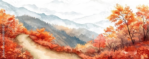 Autumn leaves, along a mountain trail, adventurous journey, watercolor style