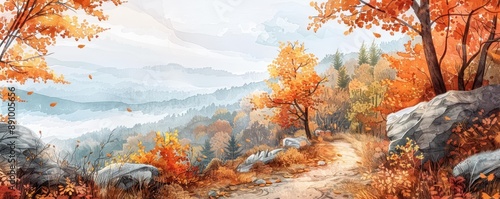 Autumn leaves, along a mountain trail, adventurous journey, watercolor style