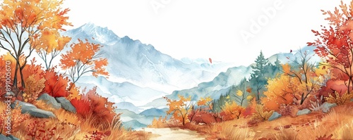 Autumn leaves, along a mountain trail, adventurous journey, watercolor style