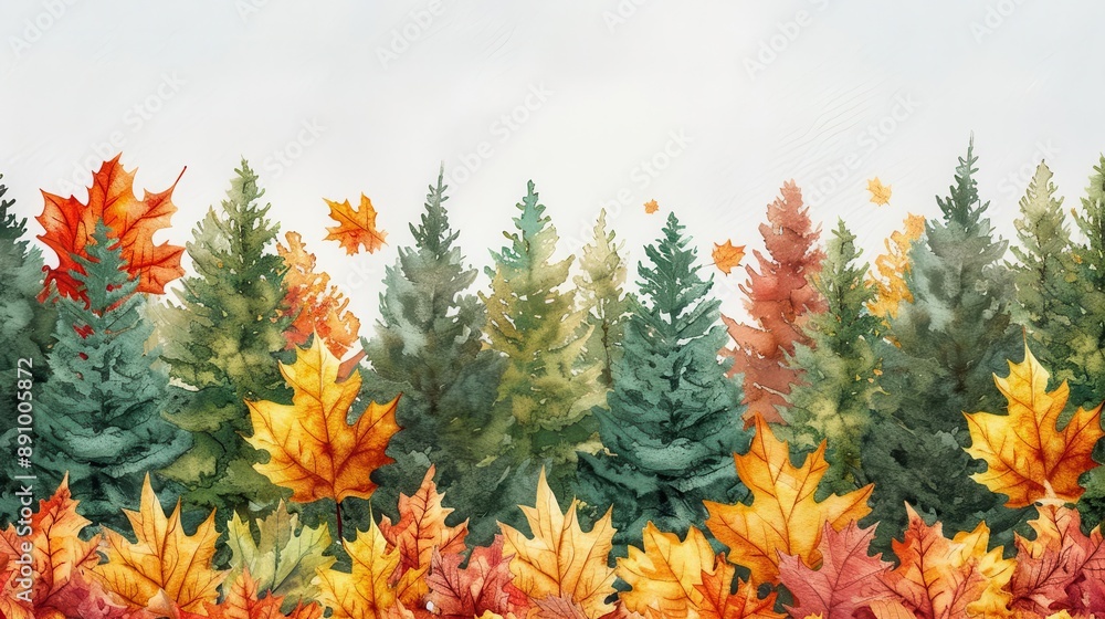 Autumn leaves, contrasting with evergreen trees, seasonal transition, watercolor style Autumn leaves, contrasting with evergreen trees, seasonal transition, watercolor style