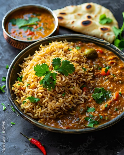 Indian dal makhani with rice and naan.