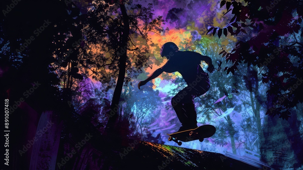 Naklejka premium Silhouette of a skateboarder performing a trick against colorful forest sunset, capturing the essence of adventure and freedom.