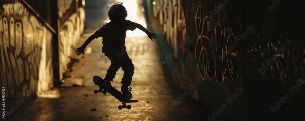 Obraz premium Silhouette of a skateboarder performing a trick in a dimly lit urban alleyway with graffiti-covered walls.