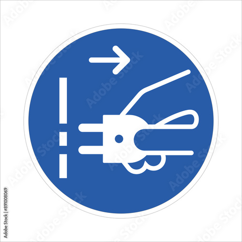 Isolated circle blue instruction sign to pull or unplug electric device and power cable form socket