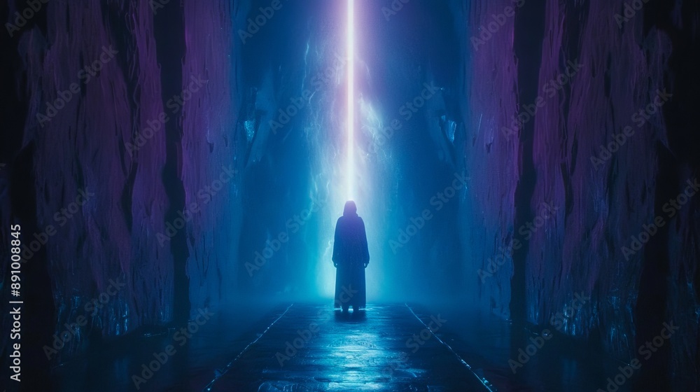 A person standing in a dark tunnel with a light shining through. A person standing in a dark tunnel with a light shining through.