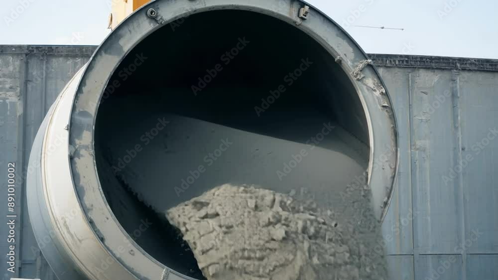 A giant industrial cement mixer spins and churns producing a smooth and even mixture. A giant industrial cement mixer spins and churns producing a smooth and even mixture.