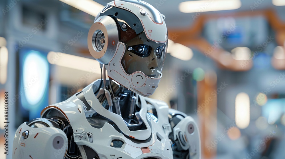 Hyper-realistic render of advanced AI robot, human-like features, lab setting Hyper-realistic render of advanced AI robot, human-like features, lab setting