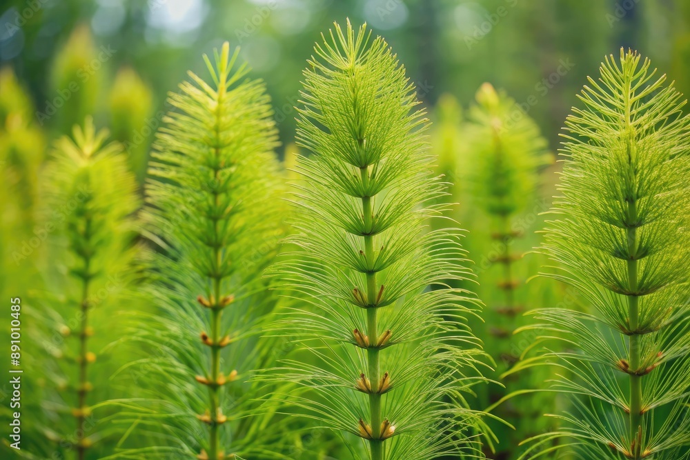 Delicate, feathery plumes of Equisetum arvense, also known as field horsetail or common horsetail, sway gently in the breeze, showcasing its unique, ancient, and medicinal properties. Delicate, feathery plumes of Equisetum arvense, also known as field horsetail or common horsetail, sway gently in the breeze, showcasing its unique, ancient, and medicinal properties.