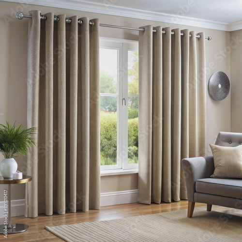 Modern grommet curtains with metal ringed eyelets hang elegantly in a stylish living room, filtering soft natural light and adding a touch of sophistication. photo