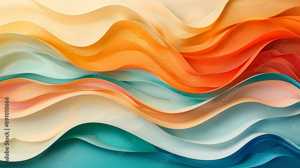 Vibrant abstract waves of color layered in a dynamic, flowing pattern of orange, teal, and beige hues. Vibrant abstract waves of color layered in a dynamic, flowing pattern of orange, teal, and beige hues.