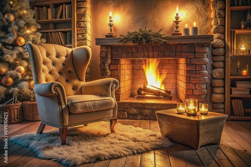 Warmth and tranquility exude from a cozy room scene featuring a crackling fireplace, soft lighting, and plush armchair, evoking feelings of relaxation and serenity. © DigitalArt Max