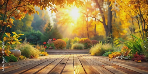 Warm sunny autumn scene with yellow and orange hues, tranquil wood decking background, surrounded by lush garden plants, with soft sunlight and gentle reflections.