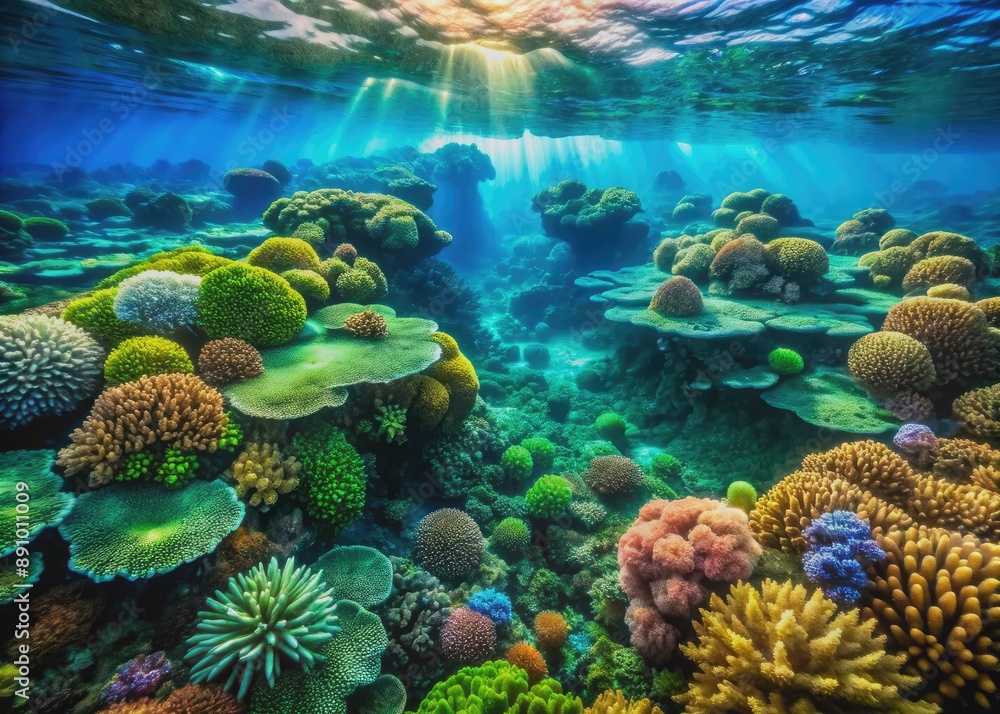 Fototapeta premium Vibrant coral reefs and marine textures in blues and greens evoke an otherworldly oceanic landscape with undulating waves and mesmerizing depths.