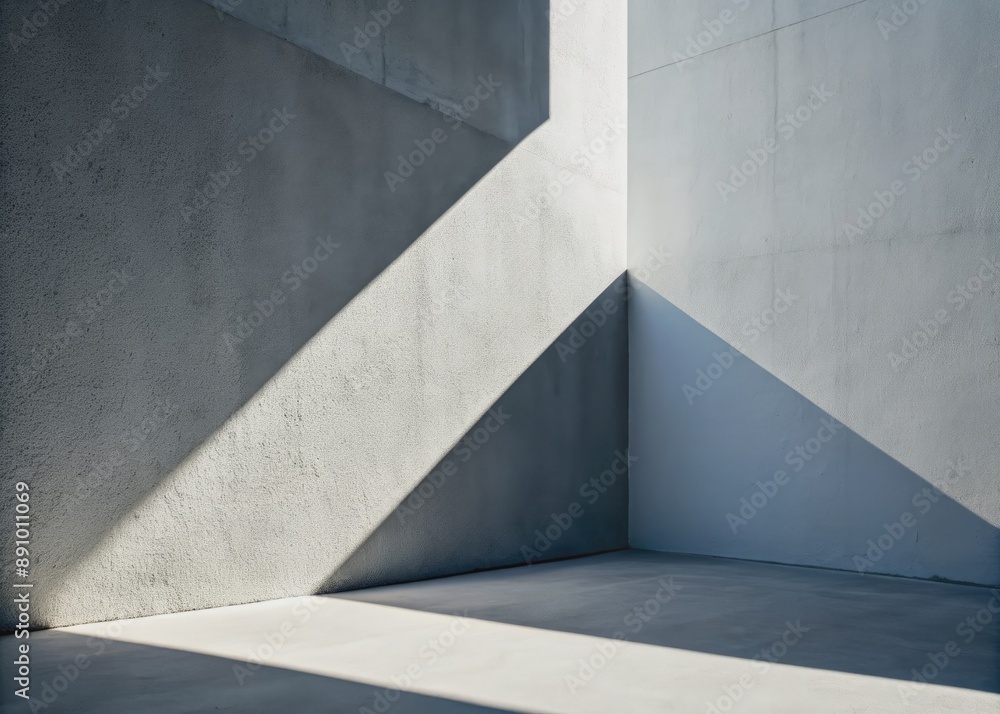 Dark geometric shadow falls on a bright white concrete wall corner, creating a striking contrast of textures and a mesmerizing play of light and shadow. Dark geometric shadow falls on a bright white concrete wall corner, creating a striking contrast of textures and a mesmerizing play of light and shadow.