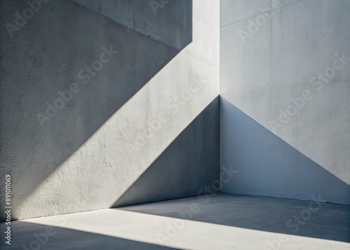 Dark geometric shadow falls on a bright white concrete wall corner, creating a striking contrast of textures and a mesmerizing play of light and shadow.