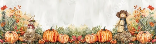 Pumpkin patch, hay bales and scarecrow, festive fall scene, watercolor style