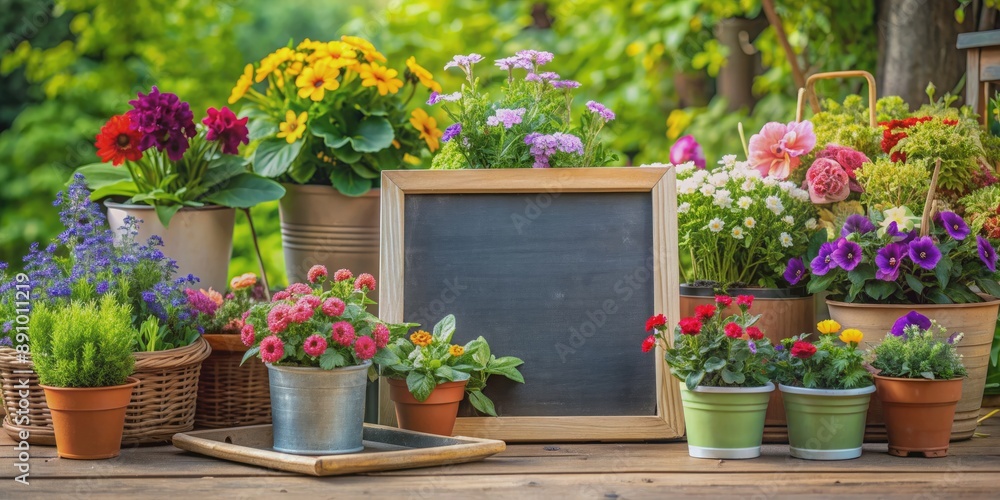 Cozy home garden arrangements with potted plants and colorful flowers surrounding an empty blackboard, perfect for writing notes or creating a to-do list. Cozy home garden arrangements with potted plants and colorful flowers surrounding an empty blackboard, perfect for writing notes or creating a to-do list.