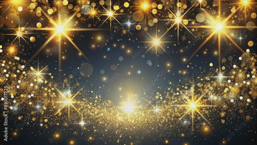 Luxurious abstract gold sparkles and glitter on a black background, surrounded by twinkling stars, festive Christmas lights, and copyspace for New Year celebrations. Luxurious abstract gold sparkles and glitter on a black background, surrounded by twinkling stars, festive Christmas lights, and copyspace for New Year celebrations.