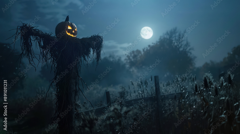Fototapeta premium a scarecrow with a carved pumpkin head in a dark
